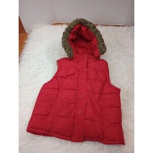 Aeropostale Hooded Puffer Vest Sleeveless Red Flannel Lining Removable Hood